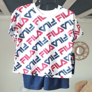 2pc Fila short sleeve shirt with red/blue logo & navy jersey short set/ Size: 6
